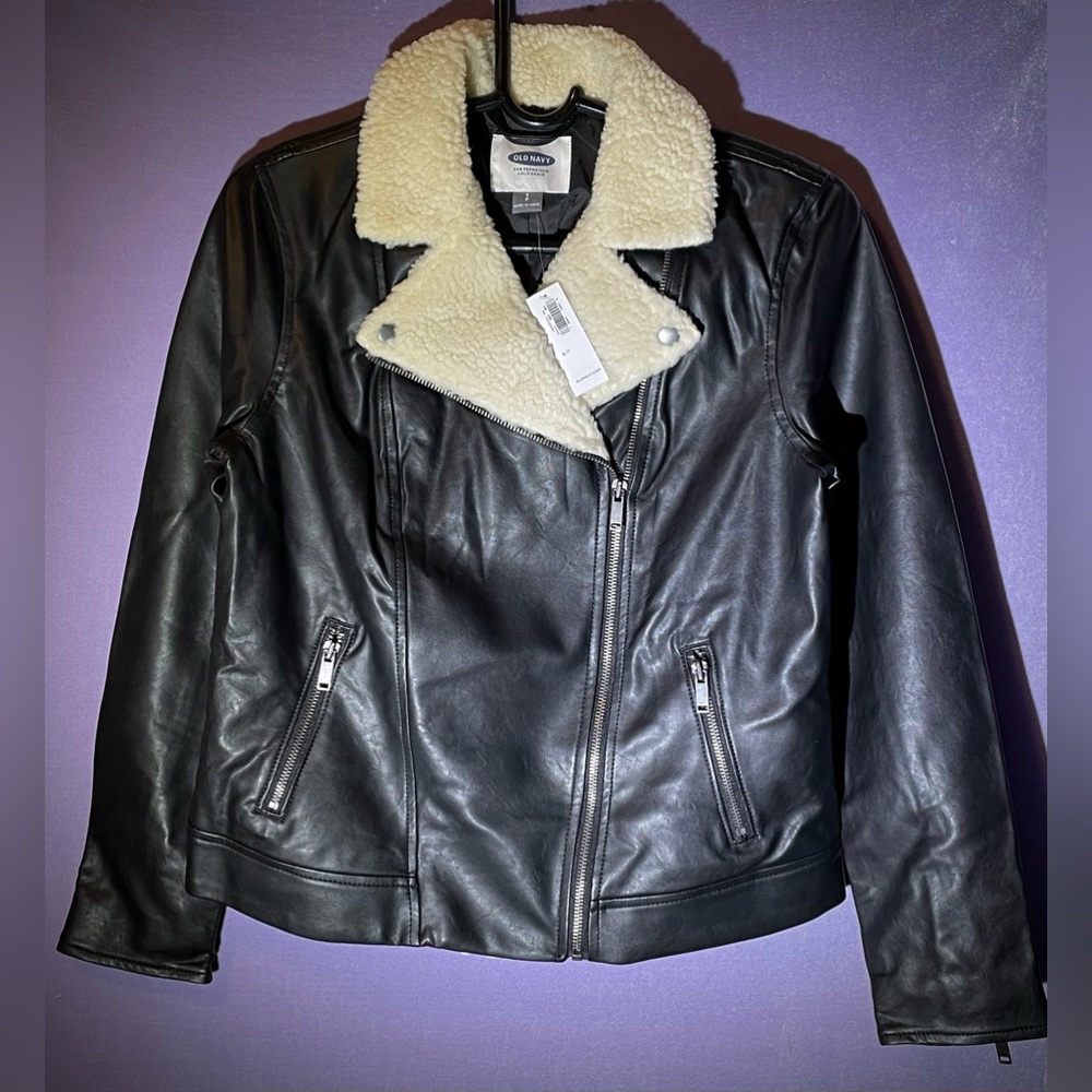 Old Navy Black faux leather jacket with milk white sherpa lining for Women